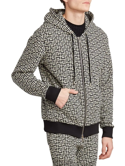 Shop Balmain Men's Monogram Jersey Zip-up Hoodie In Ivoire Noir