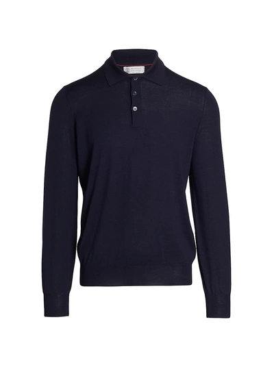 Shop Brunello Cucinelli Long-sleeve Wool-blend Polo Shirt In Navy