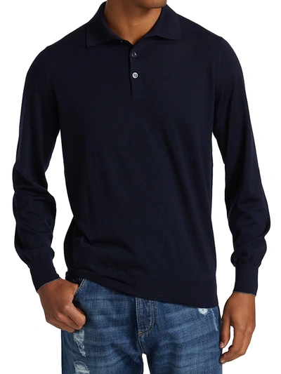 Shop Brunello Cucinelli Long-sleeve Wool-blend Polo Shirt In Navy