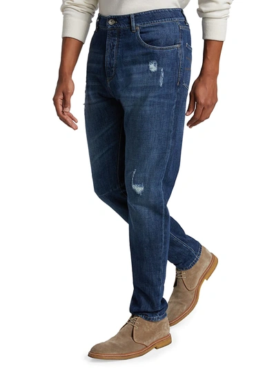 Shop Brunello Cucinelli Leisure-fit Distressed Jeans In Denim Solid