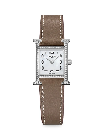 Shop Herm S Women's Heure H 21mm Stainless Steel, Diamond & Leather Strap Watch In Brown