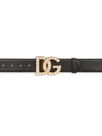 Shop Dolce & Gabbana Women's Dg Swarovski Logo Leather Belt In Nero