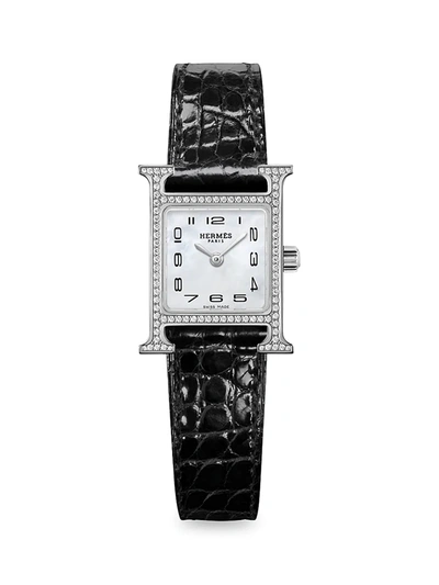 Shop Herm S Women's Heure H 21mm Stainless Steel, Diamond & Alligator Strap Watch In Black