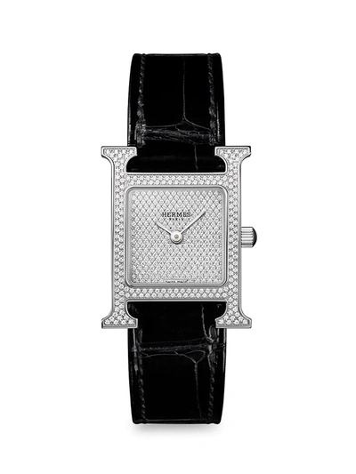 Shop Herm S Women's Heure H 25mm Stainless Steel, Diamond & Alligator Strap Watch In Black