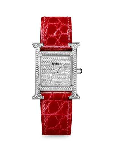 Shop Herm S Women's Heure H 25mm Stainless Steel, Diamond & Alligator Strap Watch In Red