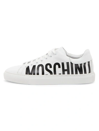Shop Moschino Men's Logo Leather Low-top Sneakers In Bianco