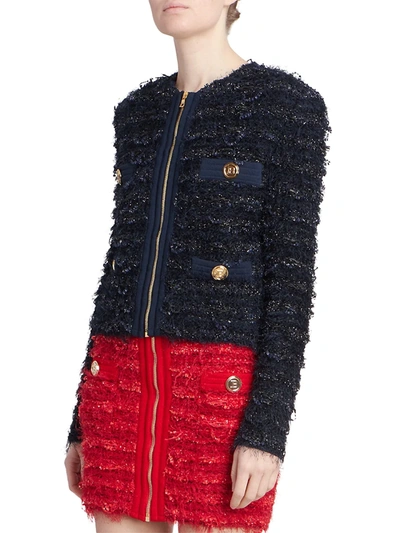 Shop Balmain Women's Tweed Zip Jacket In Dark Blue
