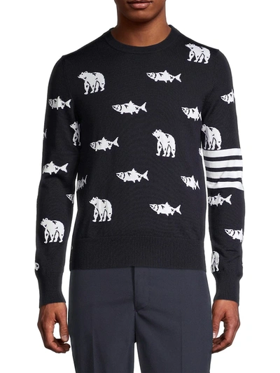 Shop Thom Browne Bear & Salmon Print Wool Sweater In Navy