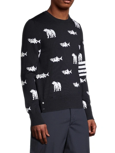 Shop Thom Browne Bear & Salmon Print Wool Sweater In Navy