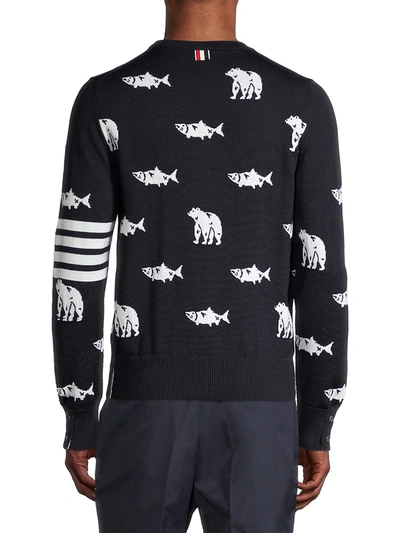 Shop Thom Browne Bear & Salmon Print Wool Sweater In Navy