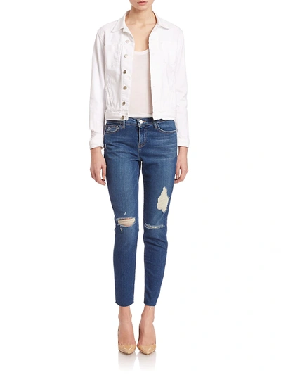 Shop L Agence Women's Celine Slim Distressed Denim Jacket In Blanc Distressed