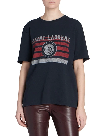 Shop Saint Laurent Women's Logo Crest T-shirt In Marine Rouge