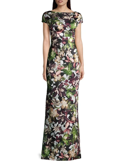 Shop Kay Unger Printed Mikado Jules Column Gown In Champagne Rose Black Lily
