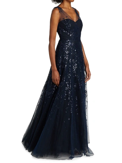 Shop Amsale Women's Sequined Tulle Gown In Navy