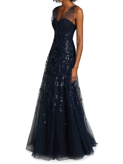 Shop Amsale Women's Sequined Tulle Gown In Navy