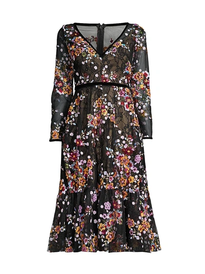 Mac Duggal Sequined Floral Lace Long-sleeve Illusion Dress In Black Multi