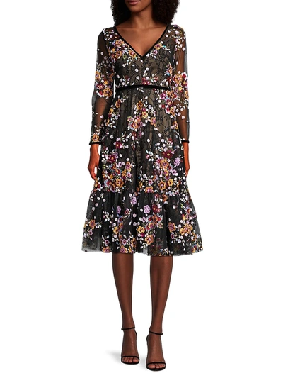Mac Duggal Sequined Floral Lace Long-sleeve Illusion Dress In Black Multi