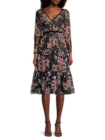 Mac Duggal Sequined Floral Lace Long-sleeve Illusion Dress In Black Multi