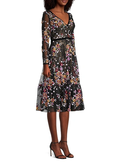Mac Duggal Sequined Floral Lace Long-sleeve Illusion Dress In Black Multi