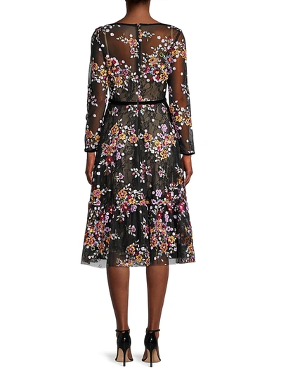 Mac Duggal Sequined Floral Lace Long-sleeve Illusion Dress In Black Multi