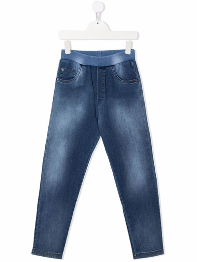 Shop Versace Logo-print Faded Straight-leg Jeans In Blue