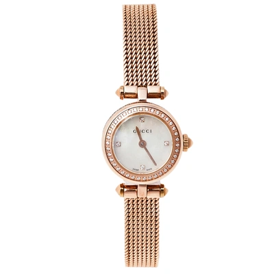 Pre-owned Gucci Mother Of Pearl Rose Gold Tone Stainless Steel Diamond Diamantissima Ya141562 Women's Wristwatch 22 
