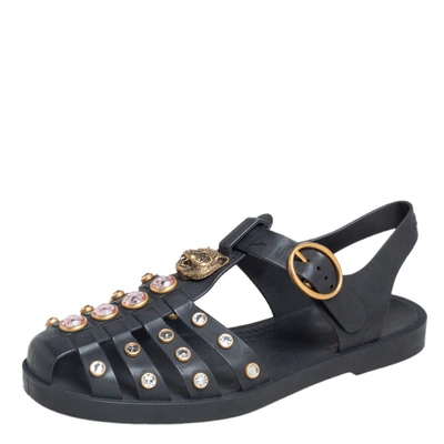 Pre-owned Gucci Black Rubber Gg Crystal Embellished Fisherman Sandals Size 36