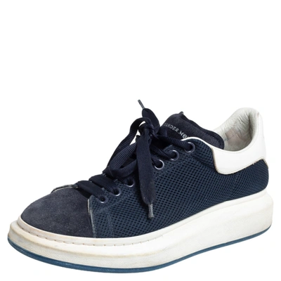 Pre-owned Alexander Mcqueen Navy Blue/white Leather, Mesh And Suede Oversized Sneakers 43