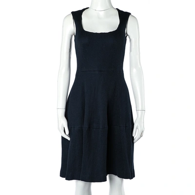 Pre-owned Ch Carolina Herrera Navy Blue Textured Cotton Flared Dress S