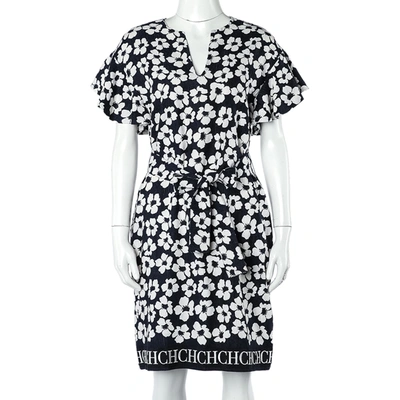 Pre-owned Ch Carolina Herrera Navy Blue Floral Print Silk & Linen Belted Dress S