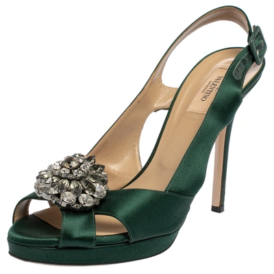Pre-owned Valentino Garavani Green Satin Crystal Embellished Platform Slingback Sandals Size 40