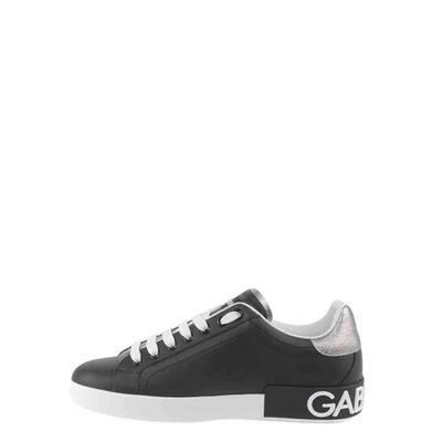 Pre-owned Dolce & Gabbana Black/silver Leather Portofino Lace-up Sneakers Size Eu 41