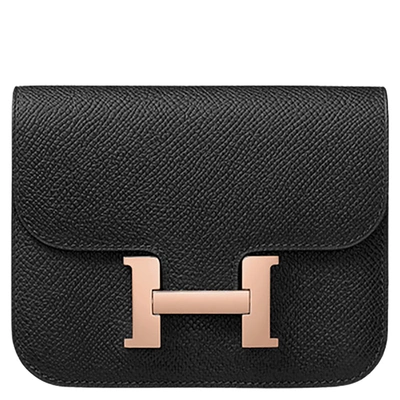 Pre-owned Hermes Noir Leather Constance Slim Wallet In Black
