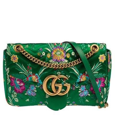 Pre-owned Gucci Green Matelass&eacute; Floral Satin Medium Gg Marmont Shoulder Bag