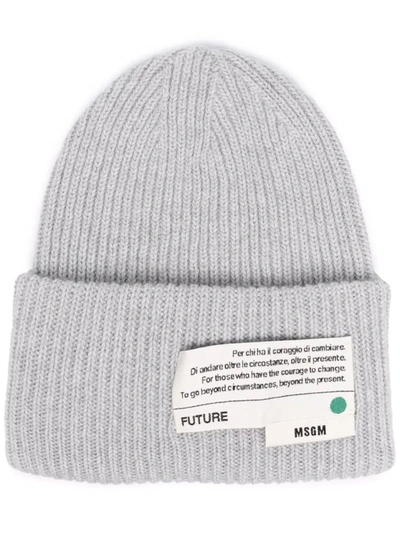 Shop Msgm Logo-patch Knitted Beanie In Grey