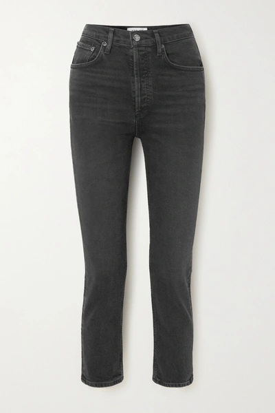 Shop Agolde Riley Cropped High-rise Straight-leg Jeans In Black