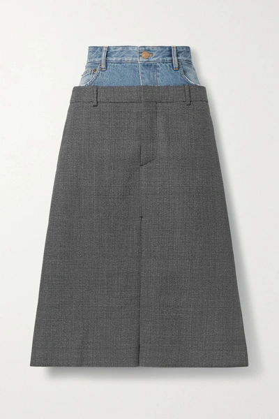 Shop Balenciaga Denim-trimmed Prince Of Wales Checked Wool Midi Skirt In Gray