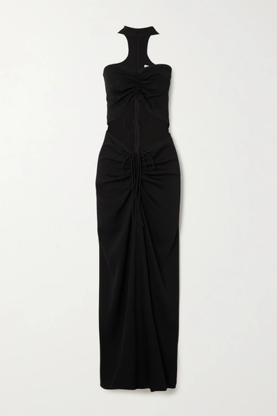 Shop Christopher Esber Ruched Cutout Woven Halterneck Maxi Dress In Black