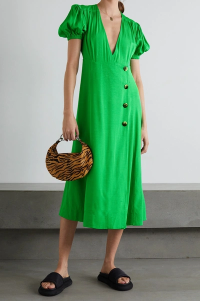 Ganni Puff-sleeve Ripstop Wrap Midi Dress In Green | ModeSens