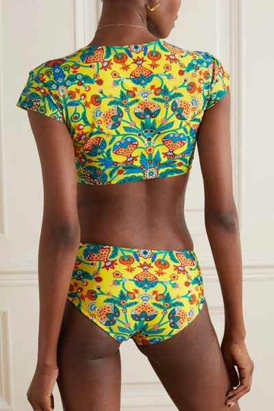 Shop La Doublej Bardot Tie-detailed Printed Bikini Top In Yellow