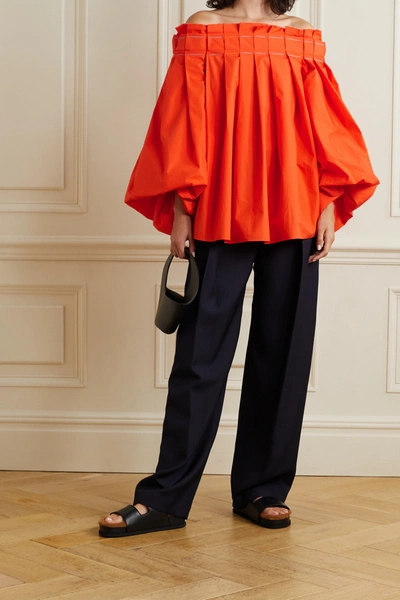 Shop Roksanda Vivetta Off-the-shoulder Pleated Cotton-poplin Top In Orange