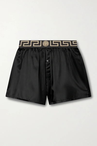 Shop Versace Jacquard-trimmed Stretch Silk-satin Shorts In Black