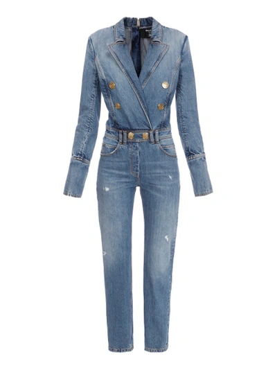 Shop Balmain Double-breasted Denim Jumpsuit