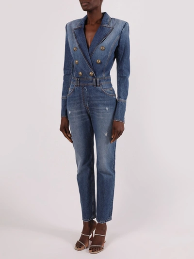 Shop Balmain Double-breasted Denim Jumpsuit