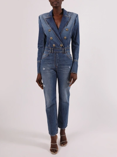 Shop Balmain Double-breasted Denim Jumpsuit