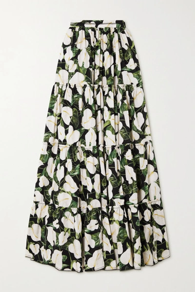 Shop Agua By Agua Bendita Macadamia Tiered Floral-print Cotton-poplin Maxi Skirt In Black