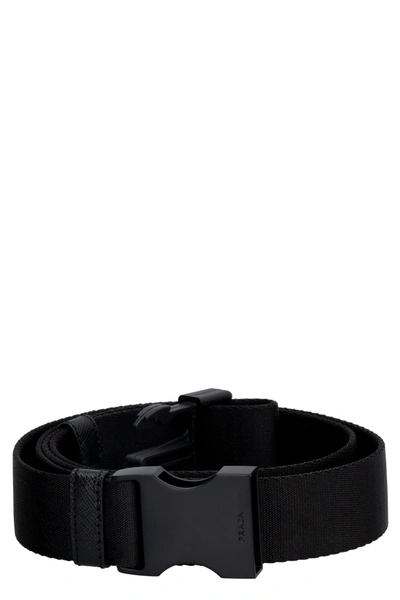 Shop Prada Logo Engraved Buckle Belt In Black