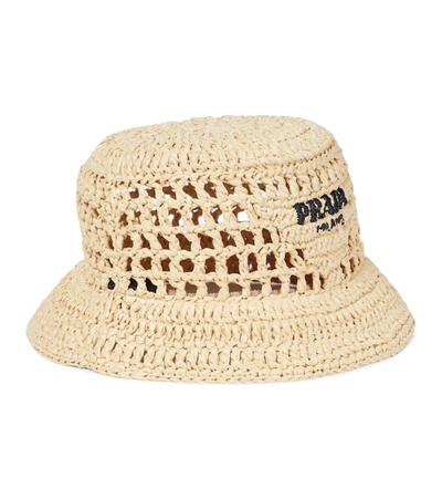 Prada Raffia Bucket Hat In Beige
