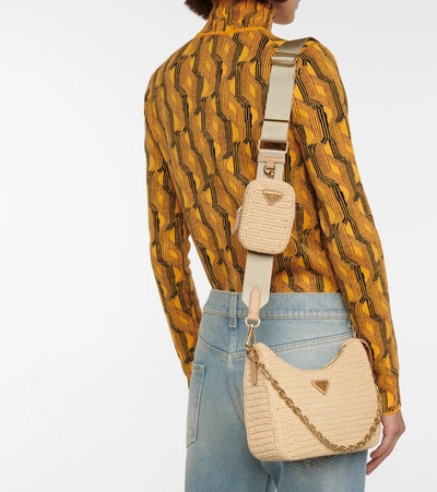 Prada Re-edition 2005 Small Raffia Shoulder Bag In Beige