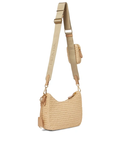 Prada Re-edition 2005 Small Raffia Shoulder Bag In Beige